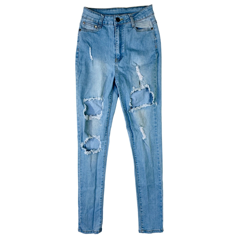 BOB Jeans Womens 7/8 High Waisted Distressed Skinny Jeans Light Wash Blue Denim